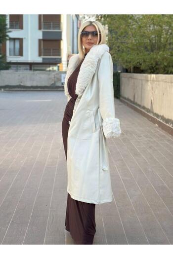 Kokoşum Butik 3589 Fur Long Leather Trench Ecru
