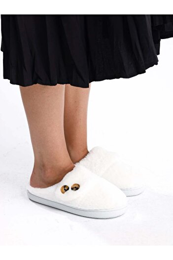 Behtah Kundura Beige Button Detailed Non-Slip Sole Plush Women's House Slippers with Complete Wool Inside