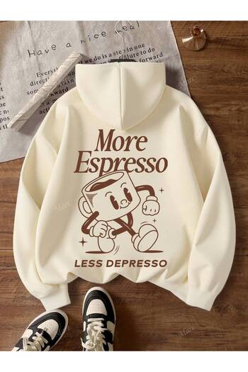 SVART WEAR More Espresso Less Depresso Oversize Cotton Casual Hoodie Printed Sweatshirt