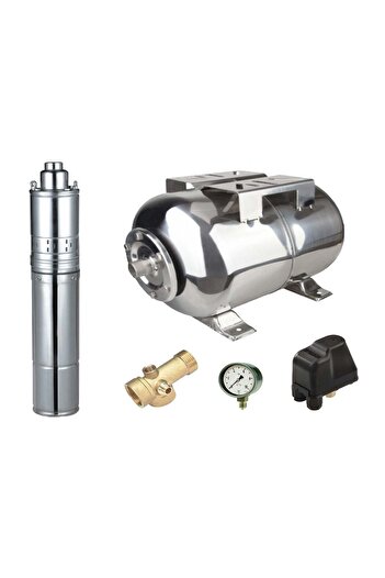 Maxima Set complet sistem hidropompă, pompă submersibilă cu șurub 4QGD 0.5/24, rezervor din oțel inoxidabil de 24 L
