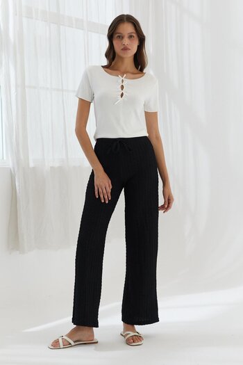 Shopping Shop Elastic Waistband Gofre Pants Black
