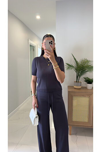 BİRCANÇİL Chone Anthracite Short Sleeve Knitwear Trouser Set