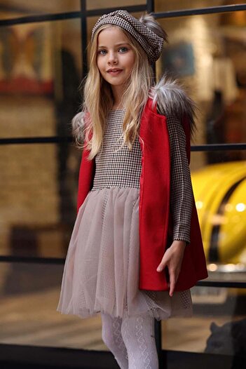 Riccotarz Girl's Square Patterned Skirt Tulle Dress Detailed Sleeveless Red Cashmere