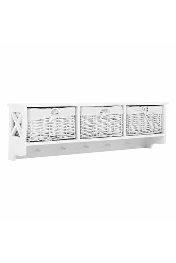DacEnergy Coat rack, made of wood, solid frame, wall-mounted, 5 hangers, 3 wicker baskets...
