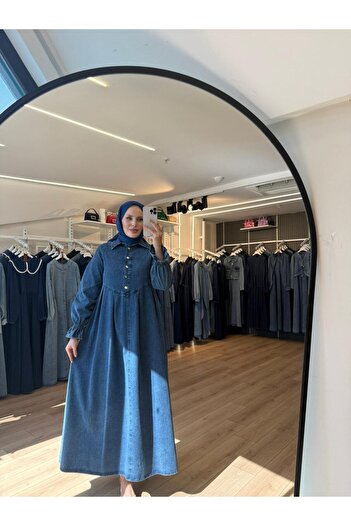 OlaLady Women's Front Buttoned Pleated Detailed Hijab Denim Dress