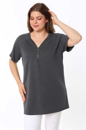 Şans Women's Plus Size Smoked, Raglan Sleeve, Front Zipper Detail Viscose Blouse 65N39136