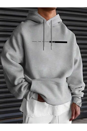 caddekombin Face the Future Printed Hooded Cotton Gray Sweatshirt with Pockets
