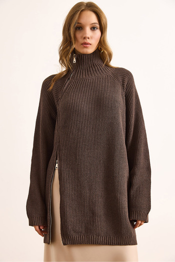 Olalook Women's Mink Premium Double-Sided Zipper Detailed Cotton Oversize Sweater Kzk-19000982