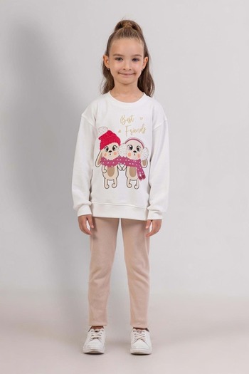 ww waka waka kids store Girl's Best Friends Printed White Sweatshirt & Beige Leggings Combination