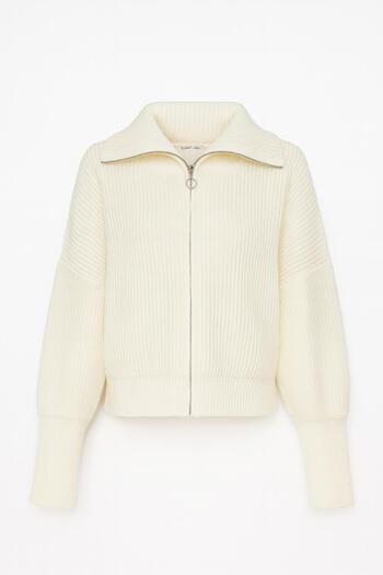 Mixray 6919 Women's Zippered Turtleneck Knit Cardigan Bone
