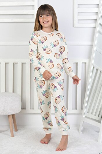 bunny hopp Girl's Pineapple Patterned Pajama Set 100% Cotton Long Sleeve 3-13 Years Old