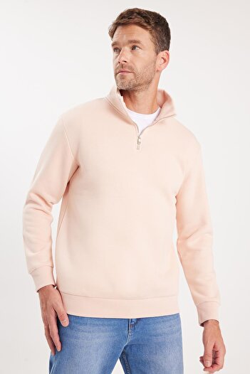 Tudors Φούτερ Unisex Relax Fit Άνετο Κομμένο Βαμβακερό Φλις με μισό φερμουάρ και γιακά σομόν