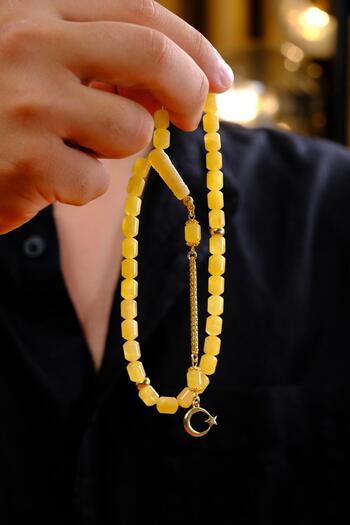 dergah tesbih Wrist-Length Amber Prayer Beads with Crescent and Star Design (Amber), (Amber Drop Prayer Beads)