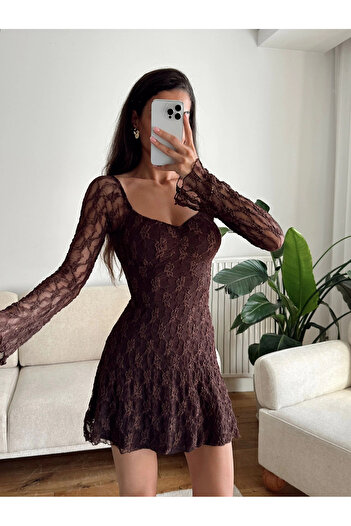 Zoom Butik Madonna Yaka Dantel Astarlı Elbise - KAHVE