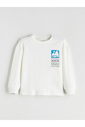 LC Waikiki Ecru Crew Neck Printed Long Sleeve Boy's T-Shirt