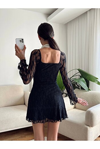Zoom Butik Madonna Yaka Dantel Astarlı Elbise - SİYAH
