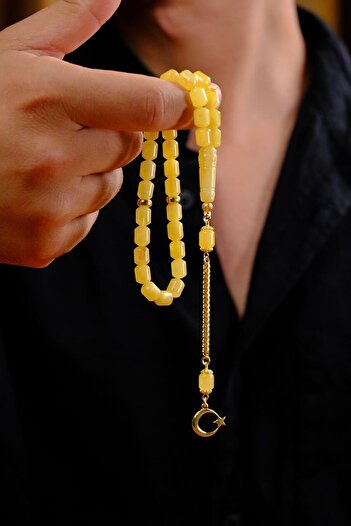 dergah tesbih Wrist-Length Amber Prayer Beads with Crescent and Star Design (Amber), (Amber Drop Prayer Beads)