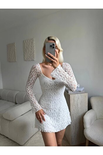 Zora Butik Madonna Yaka Dantel Astarlı Elbise - BEYAZ