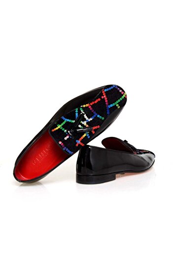 FRANCO CALVANI Black Color Genuine Leather Patent Leather Rainbow Sequins Men's Shoes