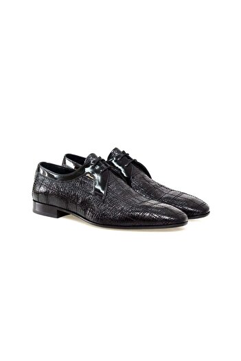 FRANCO CALVANI Black Color Lace-Up Genuine Leather Wrinkled Patent Leather Men's Shoes