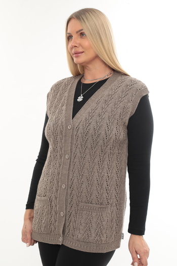 İKSUN Women's V-Neck Thick Wool Goose Feet Patterned Knitwear Buttoned Pocketed Mother Vest