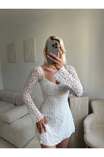 Zora Butik Madonna Yaka Dantel Astarlı Elbise - BEYAZ