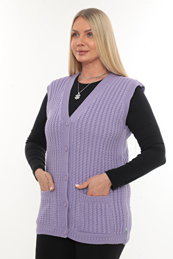 İKSUN Women's V-Neck Winter Thick Woolen Hair Knit Model Knitwear Button Mother Vest with Pockets