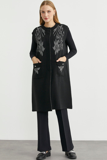 Sementa Long Wool Knit Vest with Pockets - Black