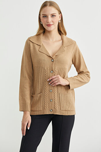 Sementa Wool Pocket Button Detailed Knitwear Jacket - Camel