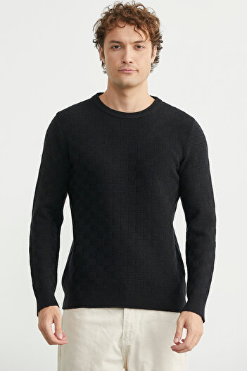 Sementa Patterned Crew Neck Knit Sweater - Black