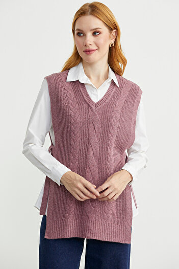 Sementa Wool Knit Sweater with Side Tie Detail - Dark Rose