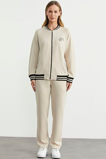 Sementa Stripe Detailed Scuba Tracksuit Set - Beige