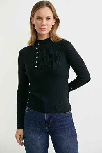 Sementa Ribbed Stand Collar Basic Knit Sweater - Black