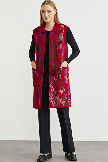 Sementa Colorful Floral Motif Wool Long Knit Vest - Red