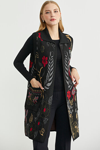 Sementa Colorful Floral Motif Wool Long Knit Vest - Black
