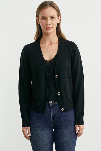 Sementa Knitwear Cardigan Crop Double Set - Black