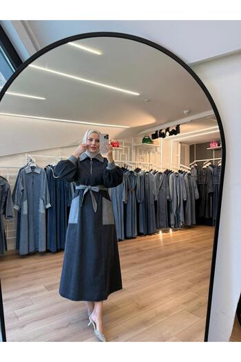OlaLady Γυναικείο τζιν φόρεμα με ζώνη με αντίθεση ανοιχτού σκούρου χρώματος