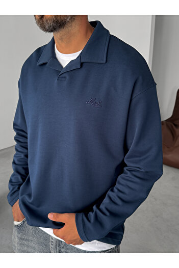 BYBASICMAN Petrol Blue Polo Neck Local Embroidered Slim Sweatshirt Pm-026