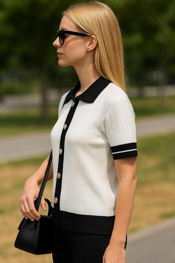trivvy Knitwear Elegance Striped Button Detailed Blouse