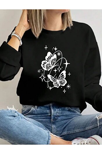 herkesemoda Butterfly Pattern Detailed Crew Neck Sweatshirt with Fleece Inside