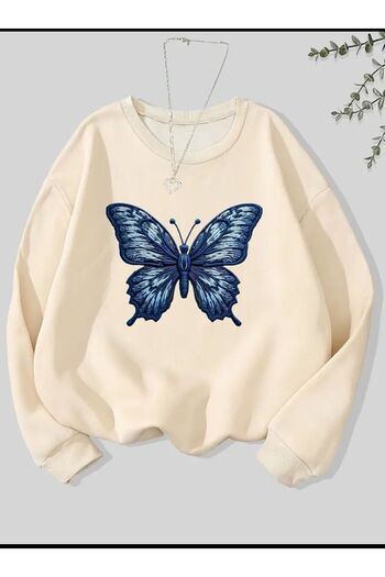herkesemoda Butterfly Pattern Detailed Crew Neck Sweatshirt with Fleece Inside