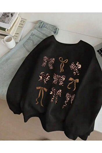 herkesemoda Ribbon Pattern Detailed Crew Neck Sweatshirt with Fleece Inside