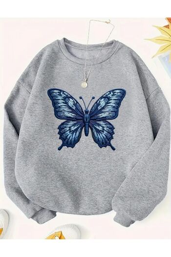 herkesemoda Butterfly Pattern Detailed Crew Neck Sweatshirt with Fleece Inside