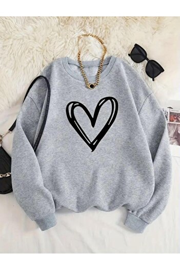 herkesemoda Heart Printed Crew Neck Sweatshirt with Fleece Inside