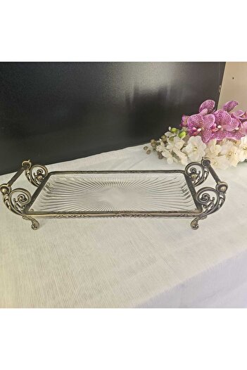 MaviDamla Cast Metal Frame Glass Presentation Plate 37*20 cm Antique Yellow