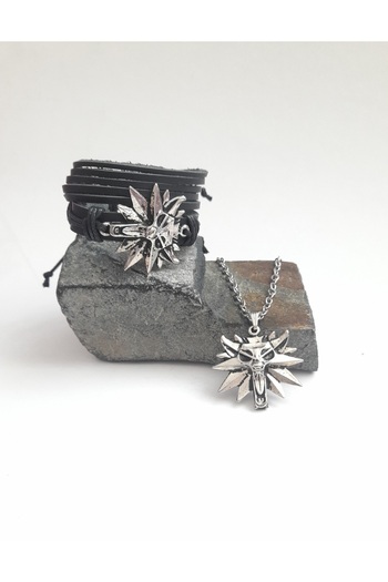 BSN Store 3 Piece Wolf Figure Genuine Leather Bracelet and Necklace Gift Set