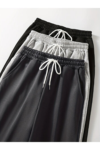 SURMARİ Set of 3 3 Pcs Black Navy Blue Gray Unisex Regular Leg Ribbed Sweatpants