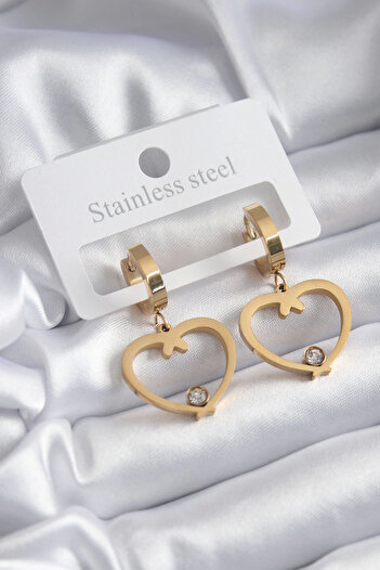 Bernami Special Steel Gold Color Heart Model Zircon Stone Detail Women's Earrings Offer!! !