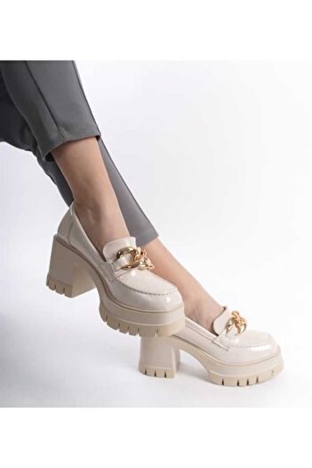bescobel Women's Konsa Beige Patent Leather High Heel Leofer Shoes