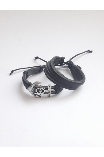BSN Store 3 Pieces Sailor Anchor Figured Genuine Leather Bracelet and Hook Figured Necklace Set